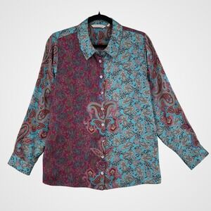 Soft Surroundings 100% Silk Paisley Button Down Top Womens PL Pink Boho Bohemian
